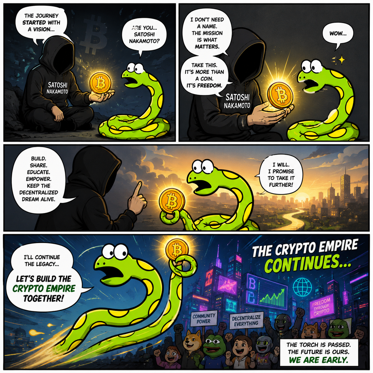 Snakemoto comic — the torch is passed from Satoshi to Snakemoto